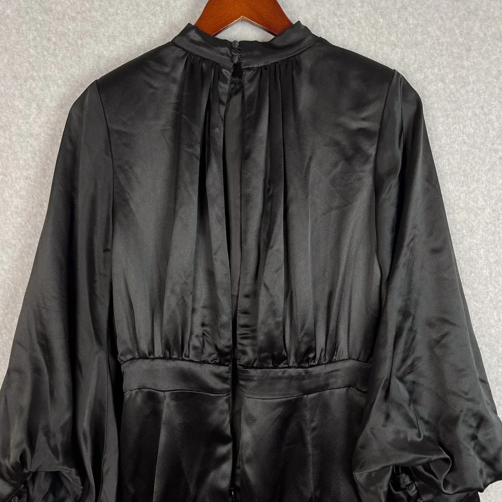 House of CB Black Khristen Balloon Long Sleeve Blouson Satin Mini Dress Sz Large